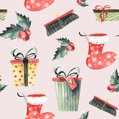 Christmas gift boxes watercolour seamless pattern. Gift and socks coloured hand drawn background