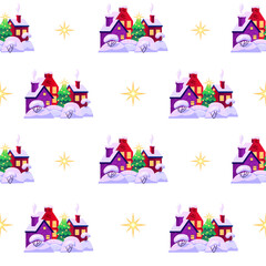 Vector seamless pattern Christmas village on a white.  Holiday background.