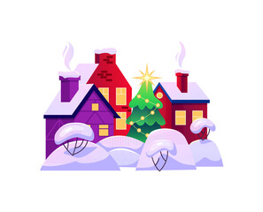 Naklejka premium Cute Christmas village isolated on white. Winter landscape. Vector illustration.