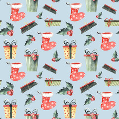 Christmas gift boxes watercolour seamless pattern. Gift and socks coloured hand drawn background