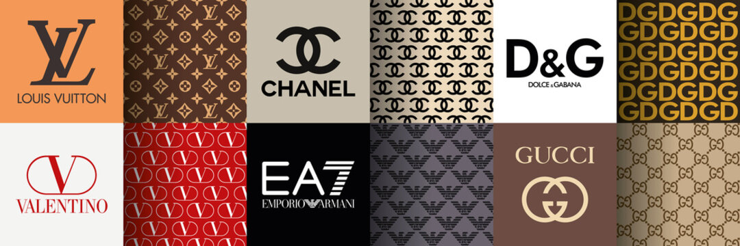 Official Pattern of the most famous fashion brands, Louis Vuitton, Valentino, Chanel, Armani, Dolce & Gabana, Gucci, vector editorial illustration