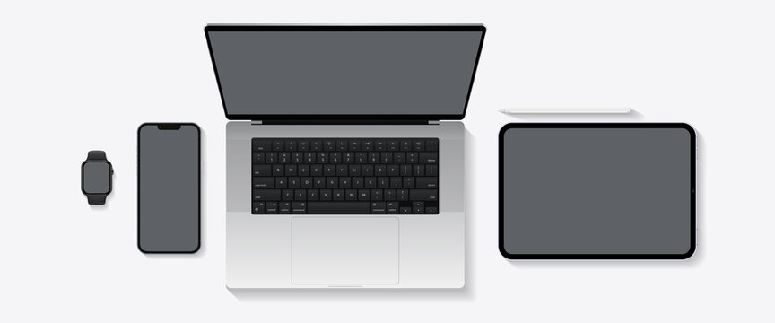 Top View Devices Mockup Set, Watch, Smartphone, Laptop Computer, Tablet, Pencil. Vector Illustration