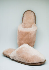 Cozy beige home slippers isolated.