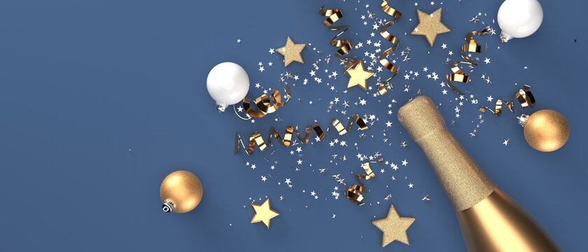 Champagne bottle with Christmas ornaments - 3D render