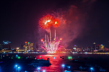 Colorful fireworks display over the night sky of the city during a festival