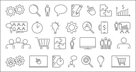 Teamwork simple icons set. Business processes, trade, communication, remote work, webinar, statistics, mechanisms, ideas. Vector illustration
