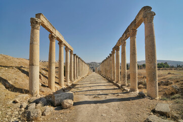 Fototapeta na wymiar Decumanus Street in the ancient Roman city of Jerash, now Jordan 