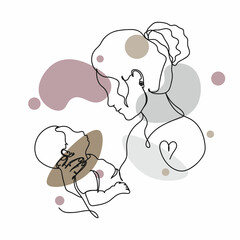 Vector abstract continuous one single simple line drawing icon of mother holding her newborn in silhouette sketch.