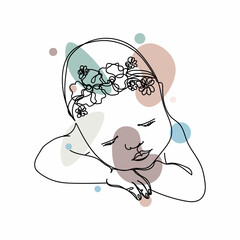 Vector abstract continuous one single simple line drawing icon of newborn baby in silhouette sketch.