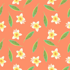 Seamless pattern of plumeria flowers on a peach background. For fabric, sketchbook, wallpaper, wrapping paper.