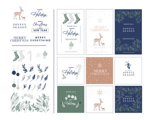Christmas, Winter holiday graphic element set. Winter plants, berry, socks. Placeholder typography. Bundle elements reindeer, ornaments and text. Seasonal party invitation, greetings, corporate email 