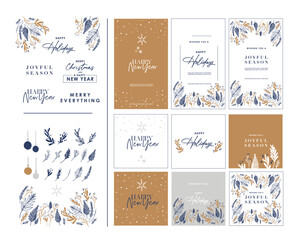 Christmas, Winter holiday graphic element set. Winter plants berry. Placeholder typography banner. Bundle elements reindeer, ornaments and text. Seasonal party invitation, greetings, corporate email 