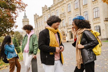 Fototapeta premium Young multiracial students smiling and talking