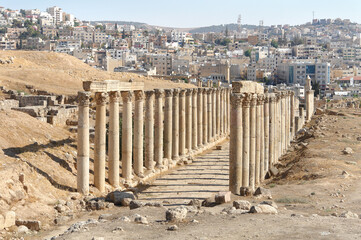 Decumanus Street in the ancient Roman city of Jerash, now Jordan 
