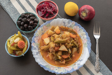 Leek dish made with meat, chickpeas, carrots. Turkish style leek dish.