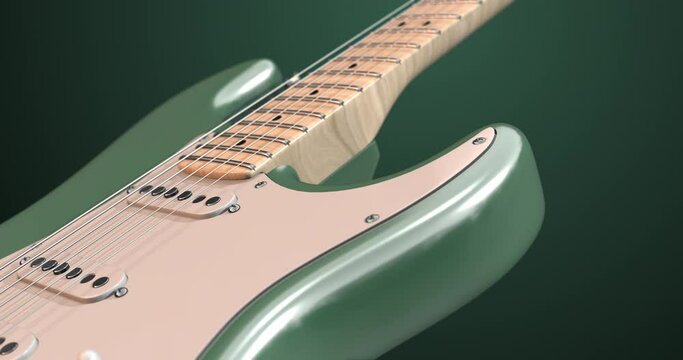 Metallic Surf Green Electric Guitar Instrument Rotating Slowly. Macro Shot With Depth Of Field. Art And Entertainment Related 4K 3D Motion Graphics.