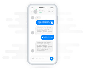 Chat UI Application design concept, Social network messenger communication service screen template, Mobile phone live chat boxes, Smartphone online app on screen, Vector flat style illustration, UX UI