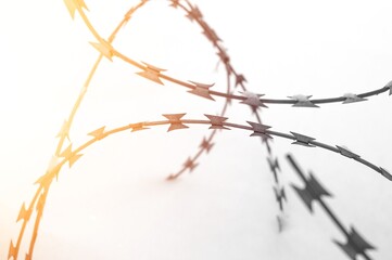 Barbed wire in the snow close-up. Abstraction, selective focus