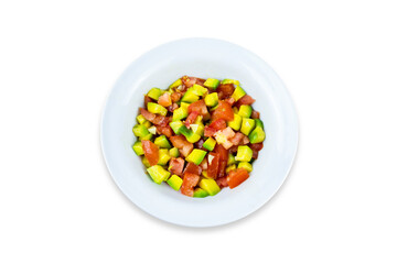 White plate with avocado and tomato salad, top view, flatlay, isolated on white background
