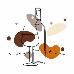 Vector abstract continuous one single simple line drawing icon of wine glass wine bottle in silhouette sketch on white background.