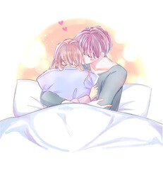 ベッドで寄り添うカップル