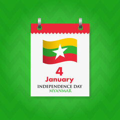 Wall calendar with date 4 January, on green background. Independence Day of the Republic of Myanmar. Vector, illustration