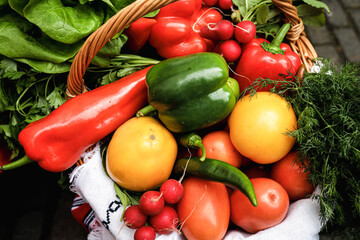 Shallow depth of field (selective focus) image with a basket filled with organic fresh vegetables (red pepper, radish, spring onion, tomatos) for sale in an outdoors market in Bucharest, Romania.