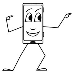 A cheerful smartphone is pointing at something. A stylized smartphone with emotions on the display, hands and feet. A humanoid device.