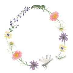 Watercolor painting botanical wreath with flowers, caterpillar, dragonfly