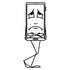 The smartphone is frozen, waiting for a long time, sadness. A smartphone with an emotion on the display, arms, legs, hugs itself. Vector icon, outline, cartoon, isolated