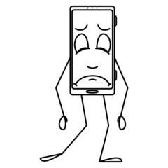 The sad smartphone is slowly walking, dragging its feet. Smartphone with emotion, stylization, humanization of the gadget. Vector icon, outline, cartoon, isolated