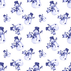 Snowman in a blue scarf. Watercolor illustration for Christmas, New Year. Seamless pattern.