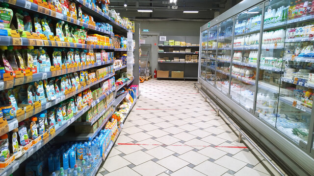  Top Russian Supermarket Is One Of Largest Players Of Retail Industry In Russia. Shelves With Dairy Products, Healthy Milk. Rack With Baby Food. Mart. Aisle. St. Petersburg, Russia - December 8, 2021.