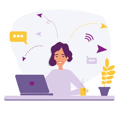 Freelancer woman with laptop, education or work concept. Table with books, lamp, coffee cup. Illustrations in flat style. Distance work and learning. Video Conference, remote work, technology concept