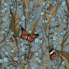 Fototapety  Pattern background of roses, leaves and branches in light blue with butterflies
