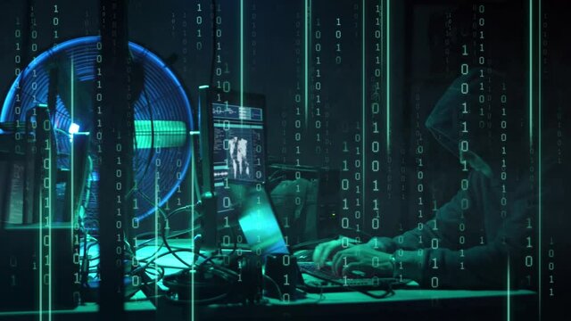 Internet fraud, darknet, data thiefs, cybercrime concept. Hacker attack on government server. Dangerous criminals coding virus programs.