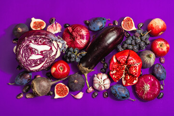 Blue, red and purple food. Culinary background of fruits and vegetables