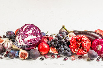 Blue, red and purple food. Culinary background of fruits and vegetables