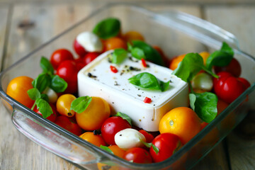 Feta, tomatoes and basil in a baking dish. Cooking feta tomato paste.