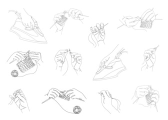 Collection. Silhouettes of human hands with a needle, knitting needles, iron in a modern style in one line. Solid line, sketches, posters, wallpaper, stickers, logo. Set of vector illustrations.