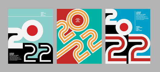 2022 Colorful set of Happy New Year posters. Abstract design with typography style. Vector logo 2022 for celebration and season decoration, backgrounds for branding, banner, cover, card and more.