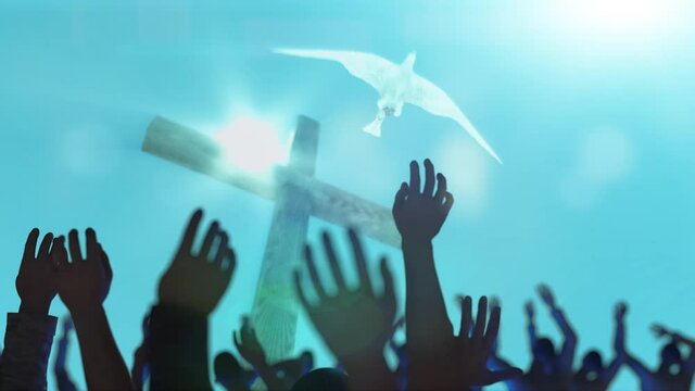 hands of a crowd of people at a Christian meeting on  background of the cross  and dove 3d render