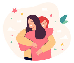 Two happy cartoon women hugging. Friends, sisters or girlfriends embracing, wrapping arms around each other flat vector illustration. Love, friendship, affection concept for banner or landing web page