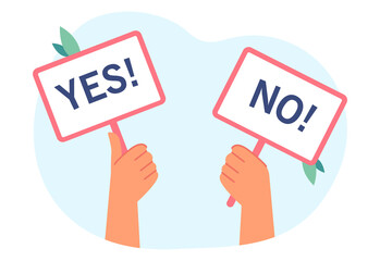 Comic hands holding signs saying yes and no in big font. Correct and wrong answer to survey or test question flat vector illustration. Choice concept for banner, website design or landing web page