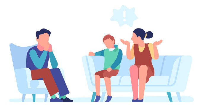 Man listening mother talking about kid behavior. Child problem