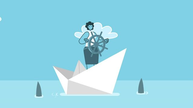 Cartoon woman sailing on paper boat surrounded by sharks. Flat Design 2d Character Isolated Loop Animation