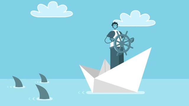 Cartoon man sailing away on paper boat from three sharks attack. Flat Design 2d Character Isolated Loop Animation