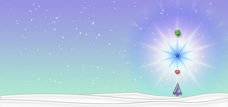 Abstract illustration with Christmas tree standing on a snow  with a shining star. Iceblue colors. Footage or motif for Christmas greeting card.