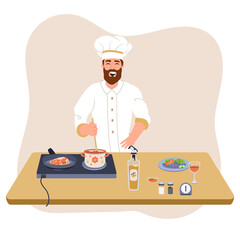 Man cooking in kitchen. Bearded chef male wearing toque stirring soup. Person wearing chefs hat preparing food. Man cooking at home. Cartoon vector illustration isolated on white. - obrazy, fototapety, plakaty