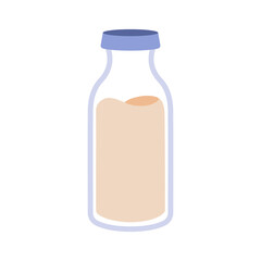 Glass Milk bottle with metal cap.Transparent bottle of milk or cream. Glass bottle with fresh dairy. Flat icon of isolated on white. Vector cartoon illustration.